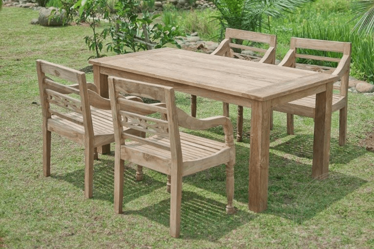 Teak Gartentisch 180x90cm + 4 Bahnhofstühle