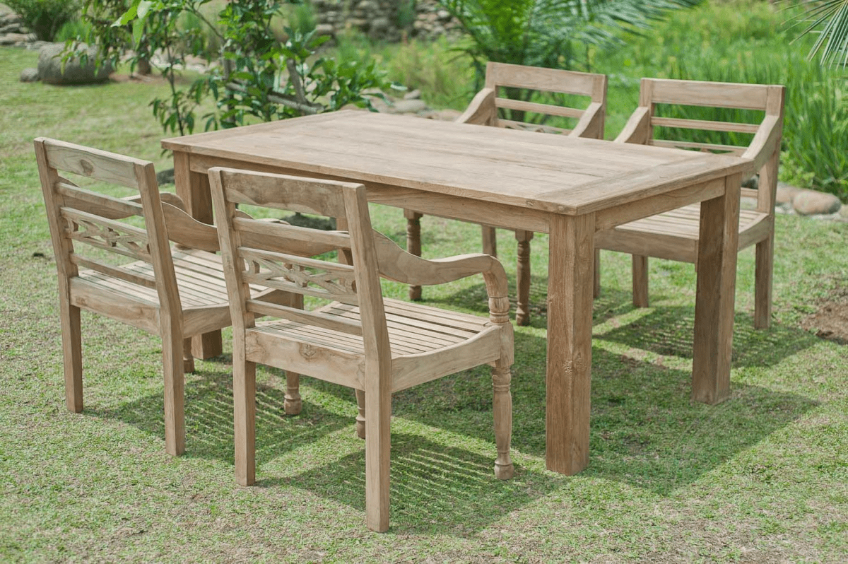 Teak Gartentisch 180x90cm + 4 Bahnhofstühle