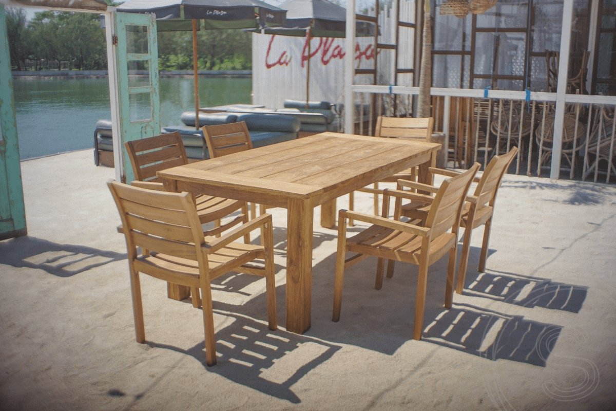 Teak Gartentisch 200 x 100 + 6 Gartenstühle Stacking