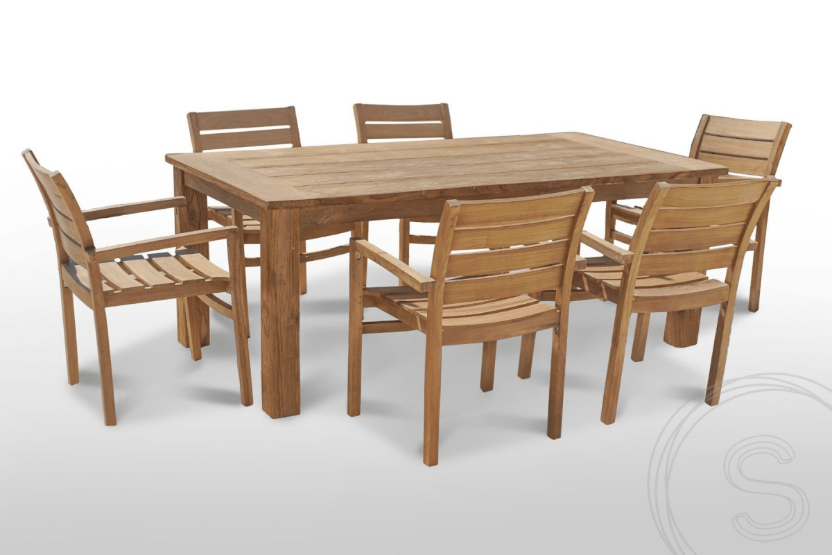 Teak Gartentisch 200 x 100 + 6 Gartenstühle Stacking