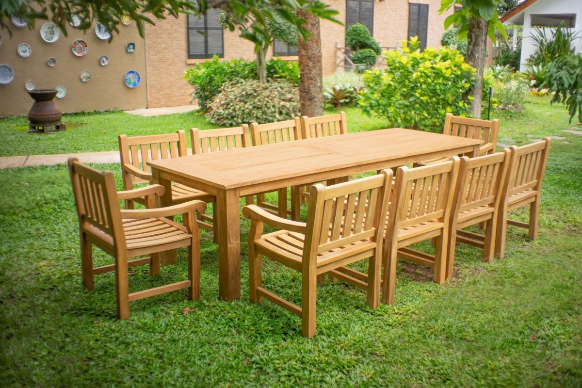 Teak Gartentisch 280 x 100 + 10 Gartenstühle Elephant