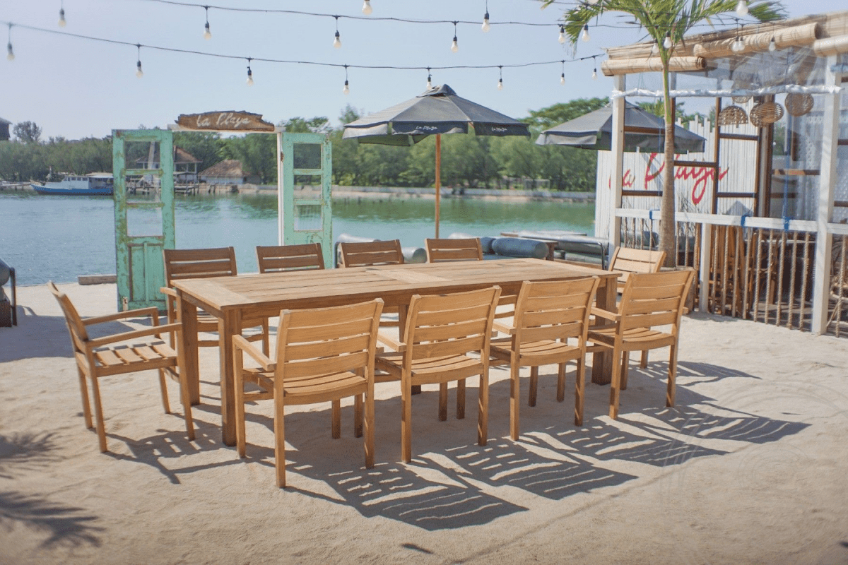 Teak Gartentisch 280 x 100 + 10 Gartenstühle Stacking