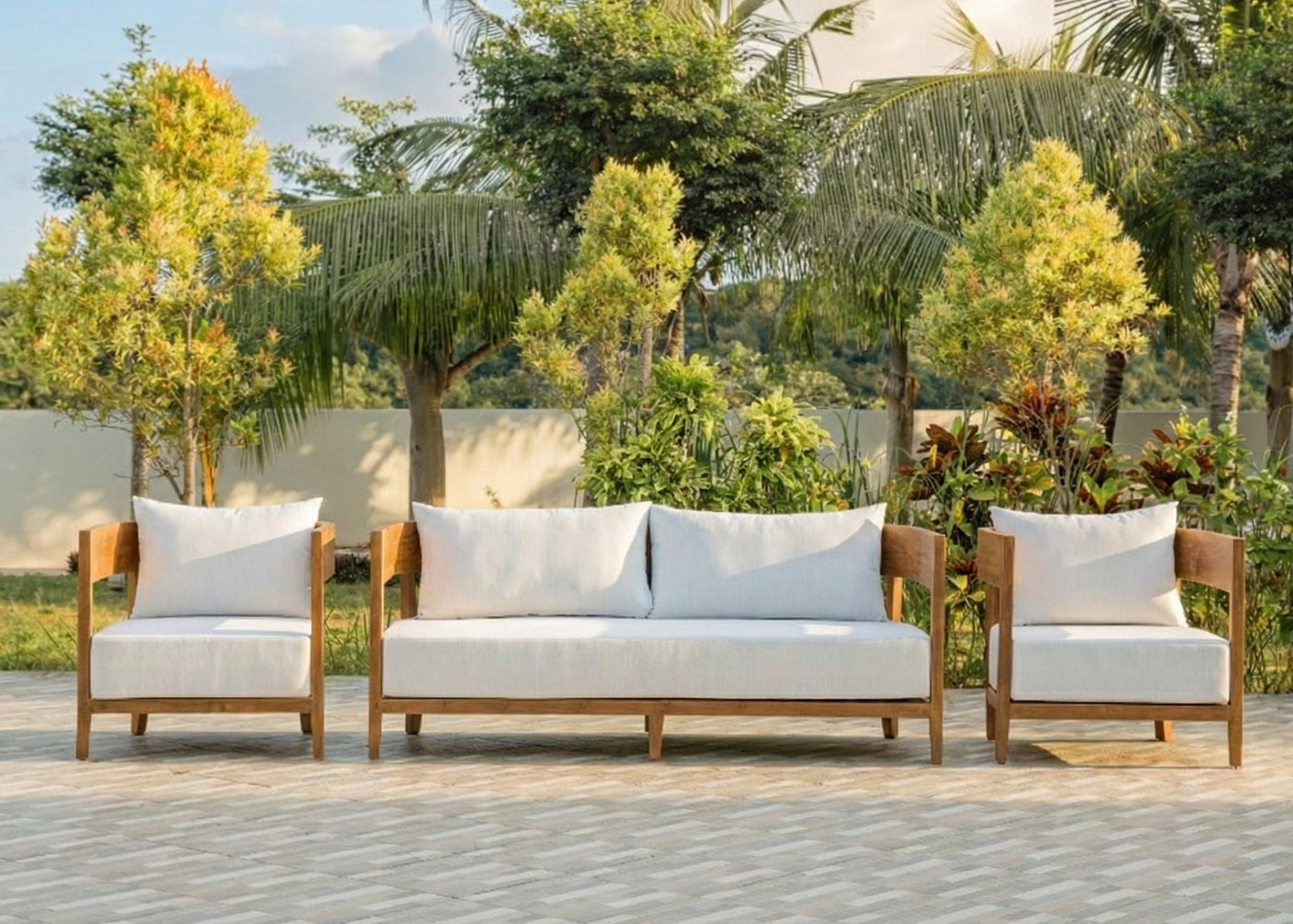 Teak Loungebank Lura 188 cm – Massivholzbank mit Sunproof-Kissen