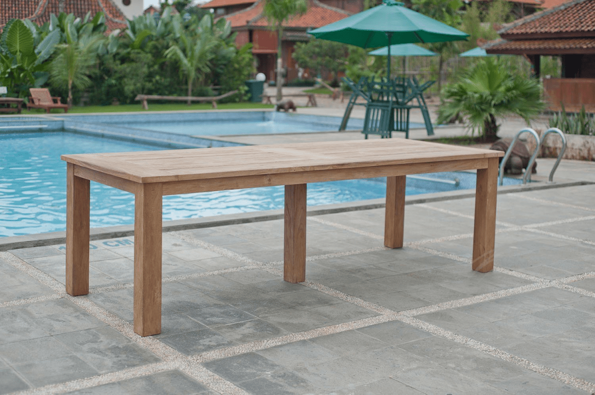 Teak Gartentisch 260x100cm + 8 Bahnhofstühle