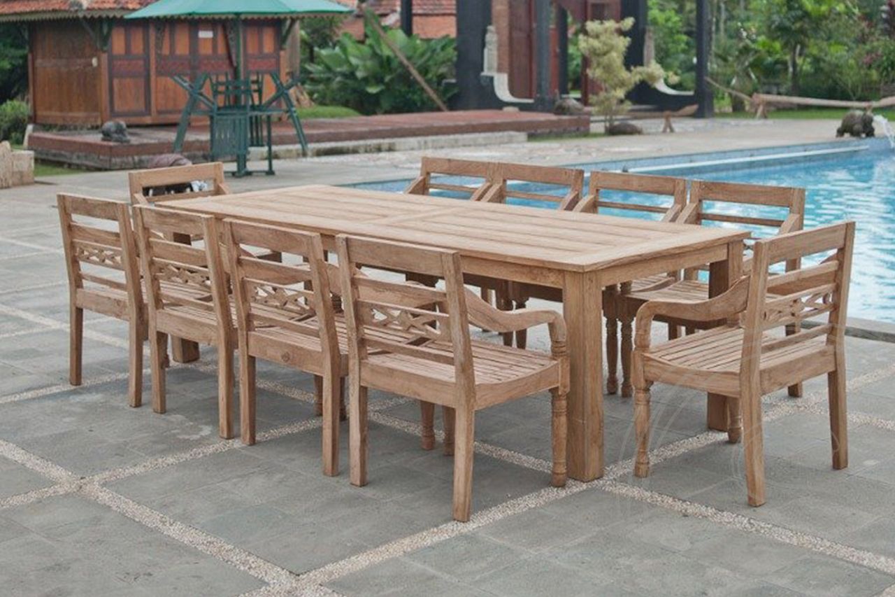 Teak Gartentisch 280x100cm + 10 Stapelstühle