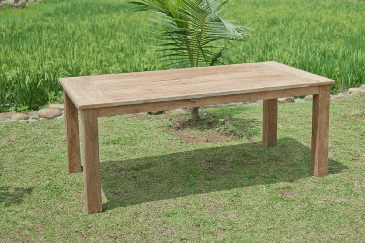 Teak Gartentisch 200x100cm + 6 Bahnhofstühle