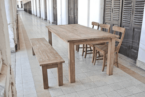 Teak Tisch Rustikal 200x100 + 3 Stühle + Bank