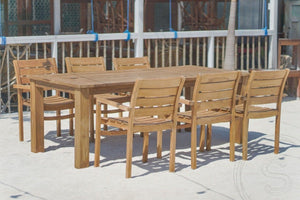 Teak Gartentisch 220 x 100 + 6 Gartenstühle Stacking