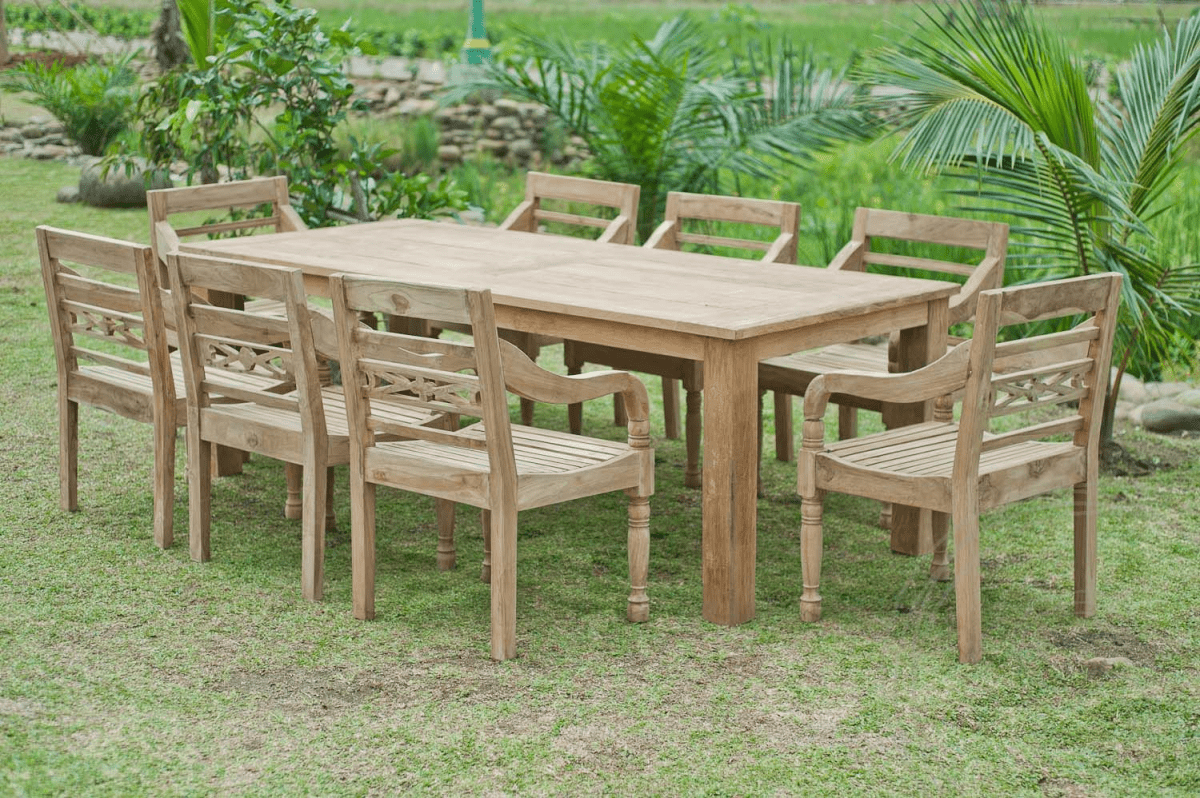 Teak Gartentisch 240x100cm + 8 Bahnhofstühle